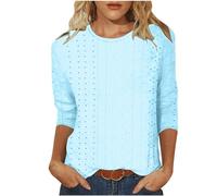 3/4 Sleeves Ladies Tops Solid Loose T-Shirt Round Neck Casual Three-quarter Length Sleeve Eyelet Tops Fashion Summer Basic Blouse Loose Fit Pullover Tunic Dressy Shirts Sale Clearance UK Size 8-18