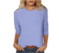 3/4 Sleeves Ladies Tops Solid Loose T-Shirt Round Neck Casual Three-quarter Length Sleeve Eyelet Tops Fashion Summer Basic Blouse Loose Fit Pullover Tunic Dressy Shirts Sale Clearance UK Size 8-18