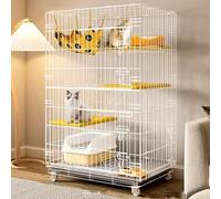 3/4-Tier Collapsible Cat Cage with 360°Caster Wheels, Cat Enclosure Indoor with Platforms and Ladder, DIY Cat Playpen with Tray, Detachable Metal Wire Kennels Crate,White-28x20x44