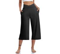 3/4 Trousers for Women UK Casual Stretch High Waisted Yoga Capris with Pockets Cropped Leggings Comfy Wide Leg Pants Running Regular Shorts Trousers for Gym Fitness Elasticated Waist Summer Shorts