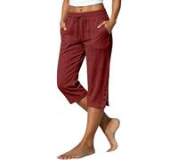 3/4 Trousers for Women UK - Jersey Stretch Cheesecloth Linen Look Lightweight Cotton Linen Summer Trousers Three Quarter Length 3/4 Length Pedal Pushers Culotte Style Regular Fit Brick Red