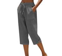 3/4 Trousers for Women UK - Linen Viscose Jersey Stretch Cheesecloth Linen Look 3/4 Length Pedal Pushers Culotte Style Palazzo Wide Leg Straight Leg Plus Size Curve Slim Fit Dark Gray