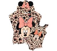 Disney Minnie Mouse Girl’s Swimsuit & One Size Hooded Towel Poncho Set | Kids Swimming Costume | Children’s Bath Towel with 3D Ears Gift
