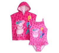 Peppa Pig Girls Swimsuit & Hooded Towel Poncho | Kids Pink Swimming Costume and Towelling Robe | Gift for Children