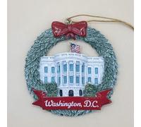 3.5" Cherry Blossom Christmas Ornament, Ceramic and Resin, Pink, Hanging, Round, Washington DC Theme, Hand Painted (White House Green Wreath)