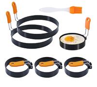 3.5" Egg Rings 6“ Pancake Mold with Silicone Handle, Round Mold for English Muffins - Griddle Cooking Shaper for Indoor Camping Breakfast Sandwiches w/Silicone Oil Brush set of 6 (4pcs 3.5"+2pcs 6")