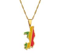 3.5CM Republic of the Congo Map Flag Pendant Necklaces Brazzaville Ethnic Ornament Jewelry(Gold Color,45cm)