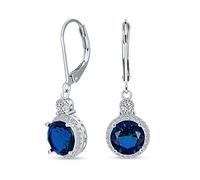 3.5CT Blue Round Solitaire Halo CZ Leverback Dangle Earrings Simulated Sapphire Cubic Zirconia Rhodium Plated Brass