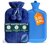 3.5L Extra Large Hot Water Bottle with Zipper & Hand Pocket - Large Hot Water Bottle with Blue Fur Cover for Pain Relief, Hand and Foot Warmer - Luxury, Soft and Washable