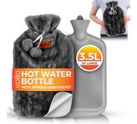 3.5L Large Hot Water Bottle with Zipper and Hand Pocket - Grey Faux Fur Covered Hot Water Bottle for Pain Relief and Warmer - Soft and Washable Hot Water Bag for Hot and Cold Compress (1 Pack)