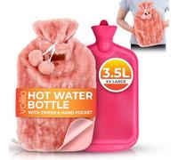 3.5L Large Hot Water Bottle with Zipper and Hand Pocket - Pink Faux Fur Covered Hot Water Bottle for Pain Relief and Warmer - Soft and Washable Hot Water Bag for Hot and Cold Compress (1 Pack)
