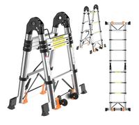 3.5M/ 11.5Ft Telescopic Ladder 2-in-1, 1.7M+1.7M with Wheels Anti-Tip Balance Bar High-Strength Stainless Steel, Pro Stabilizer A-Frame/Straight Ladder, 150kg Load, for Professional and Home Use EN131