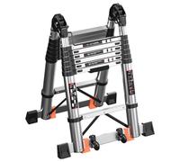 3.5M/ 11.5Ft Telescopic Ladder 2-in-1, 1.7M+1.7M with Wheels Anti-Tip Balance Bar High-Strength Stainless Steel, Pro Stabilizer A-Frame/Straight Ladder, 150kg Load, for Professional and Home Use EN131