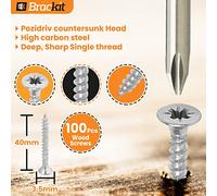 3.5X40mm (9/64”X1-9/16”) Wood Screws (100pcs) - Commercial-Grade Heavy Duty Zinc-coated Steel Countersunk Pozi-drive Head Screws for all types of Wood