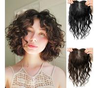 3.5x5.5" U Shaped Handtied Hairpiece Wavy Human Hair Toppers for Womwn with Thinning Hair,16" Clip in Replacement Hairpiece Curly Topper Human Hair Extensions Wiglet Dark Brown