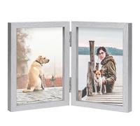 3.5x5 Double Picture Frame Wooden Hinged Photo Frame Definition Glass Stand Vertically on Desktop or Tabletop Silver