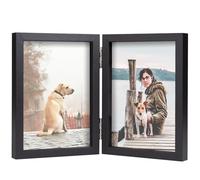 3.5x5 Double Picture Frame Wooden Hinged Photo Frame Definition Glass Stand Vertically on Desktop or Tabletop Black