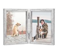 3.5x5 Double Picture Frame Wooden Hinged Photo Frame Definition Glass Stand Vertically on Desktop or Tabletop Distressed White