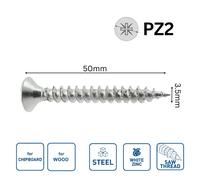 (3.5x50mm, 10) Chipboard Wood Screws Saw Thread Cut White Zinc PZ2 PZ1 All Sizes Multi Pack