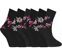 3/6/12 Pack Women Diabetic Non Elastic Socks, Loose Fitting Soft Cotton Rich Gentle Grip Wide Top Ladies Socks (UK, Numeric, 4, 8, Regular, Regular, 6, Black Floral)