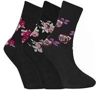 3/6/12 Pack Women Diabetic Non Elastic Socks, Loose Fitting Soft Cotton Rich Gentle Grip Wide Top Ladies Socks (UK, Numeric, 4, 8, Regular, Regular, 3, Black Floral)