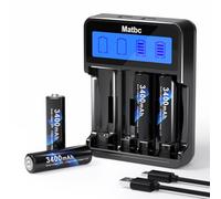 3.7V Rechargeable Battery Button Top 4 Pack with Type-C 4-Slot Fast Battery Charger, 3400mAh High Capacity Li-ion Battery Charger Set for Flashlight, Headlamp, Solar Garden Lights and Mini fan