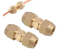 3/8 Air Conditioning Screw Connection Set, 2 Pieces Double Nipples for Copper Pipes, Copper Pipe Extension for Joint Double Connector, 9.52 mm Copper Pipe, Brass, with Nuts, Refrigerant Line 3/8