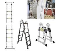 3.8M / 1.9M+ 1.9M Foldable Ladders A Frame Aluminium Extendable Extension 16 Steps150kg Max. Capacity Multipurpose Climb Ladder Portable Loft Attic for Business Home Work DIY Builder