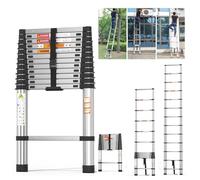 3.8M/12.5FT Portable Stainless Steel Telescopic Ladder,Multi-Purpose Extendable Ladder with Stabiliser, Max. Load 150kg