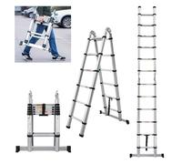 3.8m Telescopic Ladders with Stabiliser, 1.9m+1.9m A Frame Telescopic Multi Purpose Aluminium Combination Step Ladder, Extension Ladders Extendable Folding Garden Loft Ladder for Window,EN131