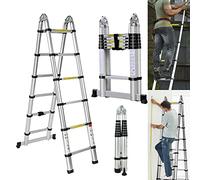 3.8M Telescopic Straight Ladder A-Frame Sturdy Aluminum Folding Ladder 12.5ft 2-IN-1 Extension Ladder with Support Bar 330lb Max Load for Household Outdoor Work