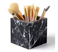 3.93 Inch Square Marble Toothbrush Holder & Makeup Brush Organizer - Natural Stone Pencil Holder for Desk, Bathroom Countertop Storage | Marble Bathroom Accessories in Modern Black