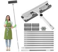 3.9M Professional Window Squeegee Cleaner Kit 2 in 1 Extendable Windows Glass Cleaning Tool, 10 Poles 4 Mop Refills, Silver Aluminium Handle, Microfiber Head, for High Windows & Cars