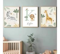 3 Animal Poster Nursery 30x40 Kids Print Personalised Baby Name Picture Forest Animal Pictures Giraffe Zebra Lion Boho Beige Wall Print Poster Canvas Unframed