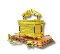 3 ARCHES USA Gold Plated The Ark of The Covenant Figurine Model (11” x 6.5” x 8.5”) with Contents - Aaron's Rod, Manna, Ten Commandments - Detailed Replica Tabletop Decor
