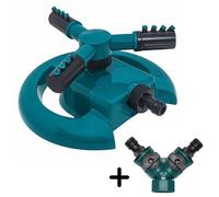 3-Arm Garden Plastic Sprinkler With 2-Way Water Supply Splitter, 360 Degree Rotating & Still Options, Quick Connect To Hose