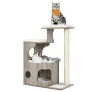 Feandrea Modern Cat Tree, 86 cm with Cat Cave, 3 Perches, Scratching Post and Mat, Removable Washable Plush Cushions, Greige and White
