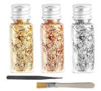 3 Bottles Decorative Gold Leaf, 24K Gold Foil Flakes, with Tweezer and Brush, Colorful Metallic Gilding Paper, for Cake Decorating, DIY Crafts, Resin Art, Jewelry Making & Nail Art(Gold, Silver, Rose)