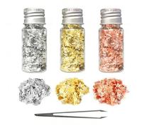 3 Bottles Gold Leaf Cake Decoration Set - Gold Rose Gold and Silver Foil with Tweezers - Decorative Leaf for Cake Dessert, Baking and Nail Makeup Art Crafts Paintings