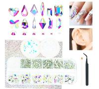3 Boxes AB Nail Rhinestones with Fine Glitters Kit, 60Pcs Big Assorted AB Nail Gems with S6-S16 Flatback Round Stones,Crystals Nail Art Charms Supplies for Faces Body DIY Crafts