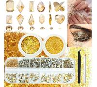 3 Boxes Champagne Nail Rhinestones with Fine Glitters Kit, 60Pcs Big Assorted Shapes Golden Nail Gems with S6-S16 Flatback Round Stones,Crystals Nail Art Charms Supplies for Faces Body DIY Crafts
