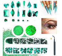 3 Boxes Emerald Green Nail Rhinestones with Fine Glitters Kit, 60Pcs Big Assorted Green Nail Gems with S6-S16 Flatback Round Stones,Crystals Nail Art Charms Supplies for Faces Body DIY Crafts
