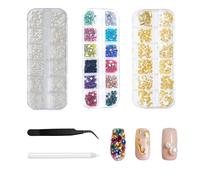 3 Boxes Nail Rhinestones, Nail White Pearls, Champagne Gold Nail Art Gems, Nail Glitter Sequins and Decals with Crystals, Nail Supplies & Decorations, Nail DIY Crafts, with Tweezers and Drill Pen