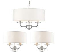3 Bulb/Arm Ceiling Pendant & 2X Twin Wall Light Pack | Modern Bright Nickel & Vintage White Fabric Shade Set | Matching Indoor Lamp Fittings | Lounge Bedroom Hang Lighting Kit | LED & Dimmable
