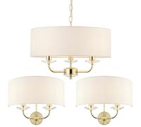 3 Bulb Ceiling Pendant Lamp & 2x Matching Twin Wall Light Modern Brass Plate