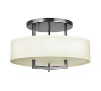 Stylish 3 Bulb Semi Flush Light With Off White Linen Shade And Antique Nickel Finish