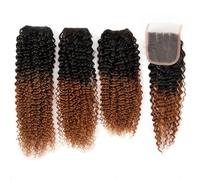 3 Bundles with Lace Closure, 16" 18" 20"+ 16" 4 * 4 Ombre Dark Root Deep Curly Human Hair Weave for Women(1B/30 curly)