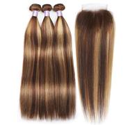 3 Bundles with Lace Closure, Ombre Highlight Straight Hair Free Part Human Hair Extensions P4/27(Brown,16 16 16)