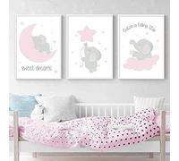 3 Canvas Printings Nursery Decor Image Animal Elephant Star Moon Cloud Picture Positivity Letter Pink Drawing Infant A3 Unframed
