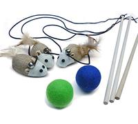 3 Cat Kitten Teaser Wand Toys, Plus 2 Wool Felt Ball Toys, Sisal with Mouse, Bell, Feather, Elastic String, and Sturdy Woo...